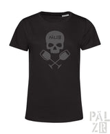Schwarzes frauen t-shirt mit kurzen ärmeln, grauem schädel und gekreuzten weingläsern, pälzb logo oben