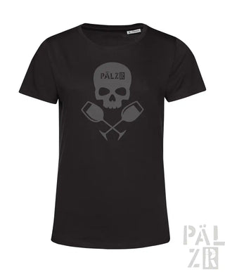 Schwarzes frauen t-shirt mit kurzen ärmeln, grauem schädel und gekreuzten weingläsern, pälzb logo oben