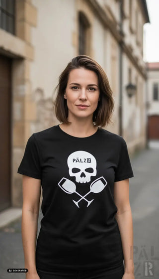 Schwarzes kurzarm damen t-shirt mit weißem schädel und gekreuzten rudern sowie text pälzib weinpirat