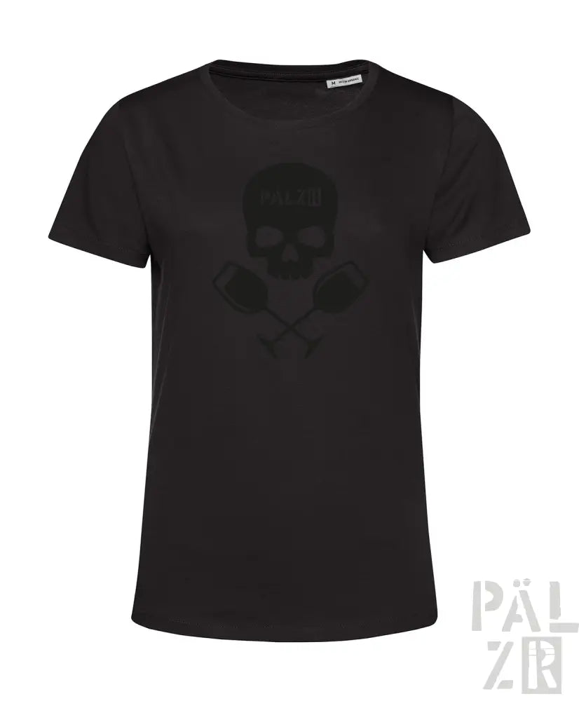 Schwarzes frauen t-shirt weinpirat mit kurzarm und verblasstem schädel sowie gekreuzten werkzeugen auf der vorderseite