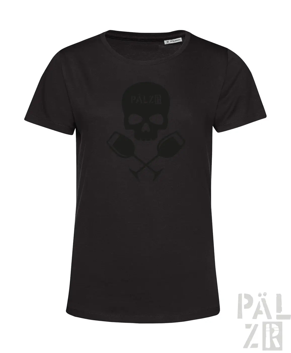 Schwarzes frauen t-shirt weinpirat mit kurzarm und verblasstem schädel sowie gekreuzten werkzeugen auf der vorderseite