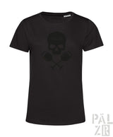Schwarzes frauen t-shirt weinpirat mit kurzarm und verblasstem schädel sowie gekreuzten werkzeugen auf der vorderseite