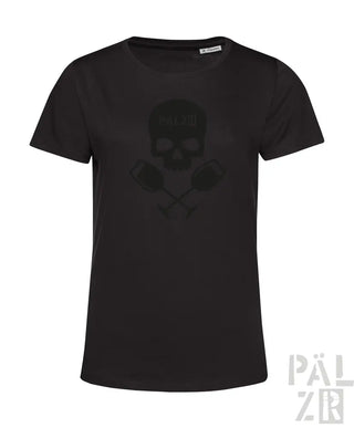 Schwarzes frauen t-shirt weinpirat mit kurzarm und verblasstem schädel sowie gekreuzten werkzeugen auf der vorderseite