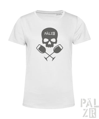 Weißes T-Shirt mit Totenkopf- und Weinglas-Design, schwarzer Text ’palzb’ auf der Vorderseite.