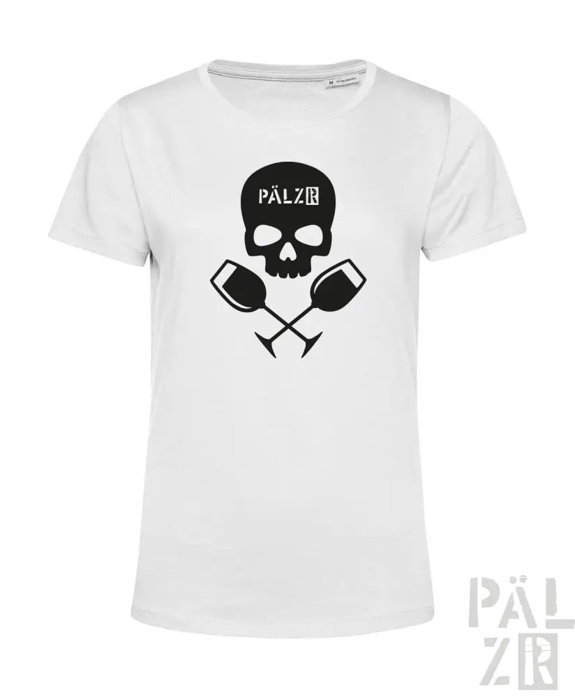 Weißes T-Shirt mit Totenkopf- und Weinglas-Design, schwarzer Text „palz“ auf der Vorderseite.