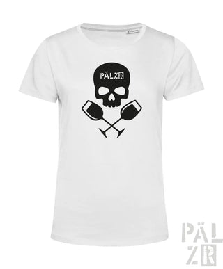 Weißes T-Shirt mit Totenkopf- und Weinglas-Design, schwarzer Text „palz“ auf der Vorderseite.