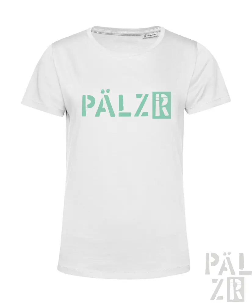 Weißes T-Shirt mit minzgrünem ’pälzr’-Logo-Design, aus Baumwolle.