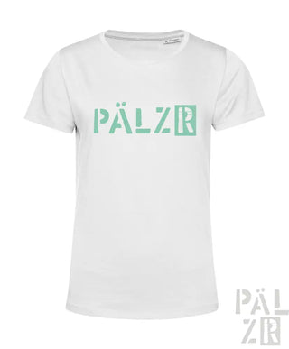 Weißes T-Shirt mit minzgrünem ’pälzr’-Logo-Design, aus Baumwolle.