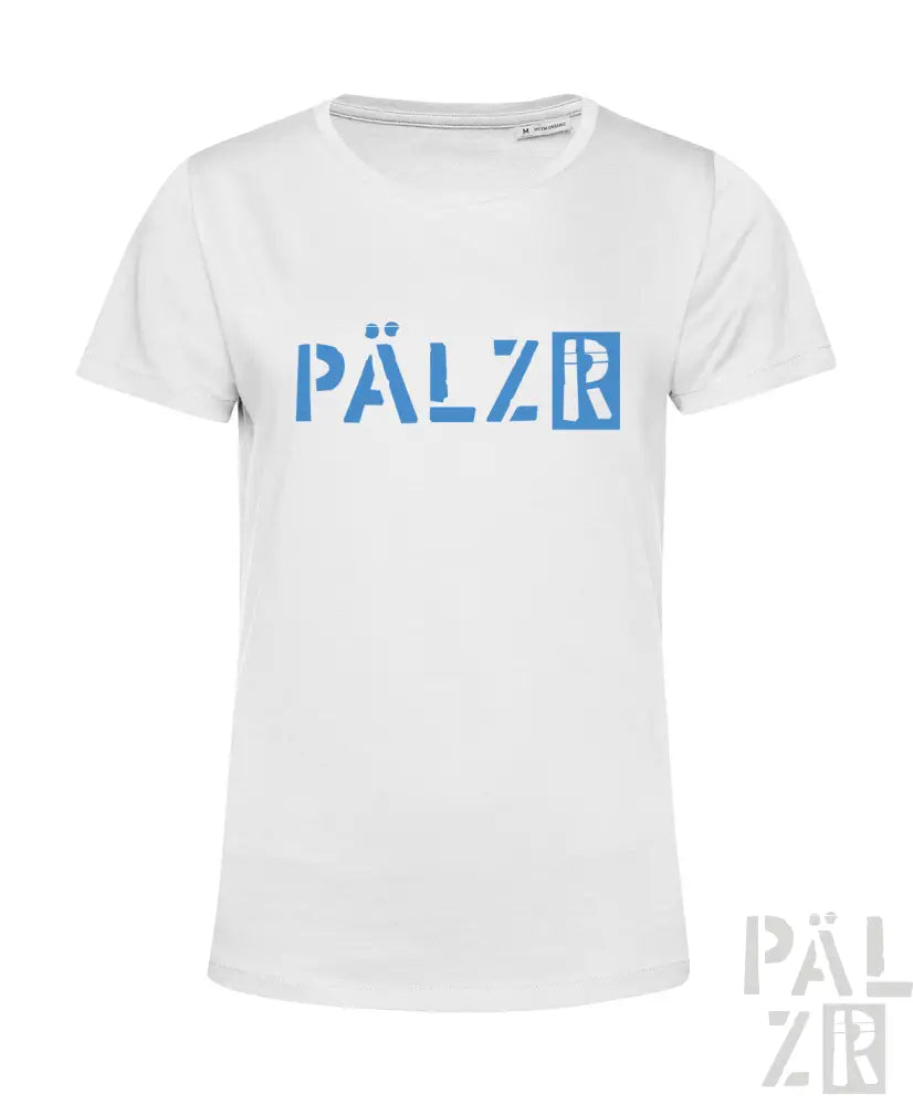 Weißes T-Shirt mit blauem ’pälzr’-Logo-Design, aus Baumwolle gefertigt.