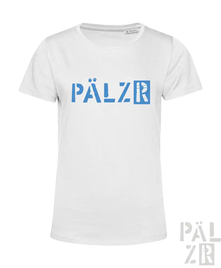 Weißes T-Shirt mit blauem ’pälzr’-Logo-Design, aus Baumwolle gefertigt.