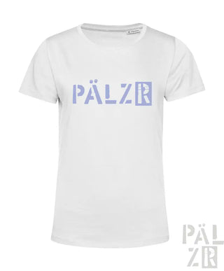 Weißes T-Shirt mit ’pälzr’-Logo in Lila und Schwarz, aus Baumwolle gefertigt.