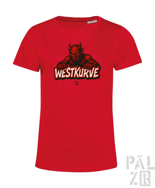 Rotes T-Shirt mit Teufel-Design und Text ’westkurve’, Baumwollmaterial.