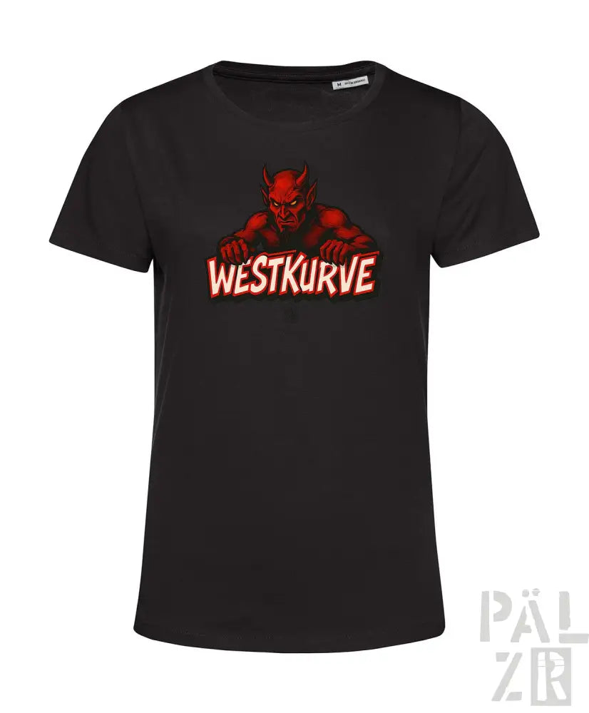 Schwarzes T-Shirt mit rotem Teufel-Design und Text ’westkurve’.
