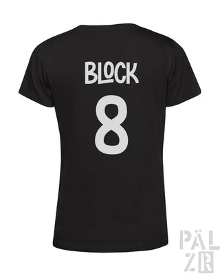 Schwarzes T-Shirt mit weißem „Block 8“-Design auf der Rückseite.
