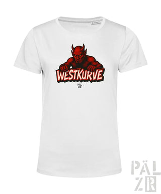 Weißes T-Shirt mit rotem Teufel-Design und ’westkurve’-Text.