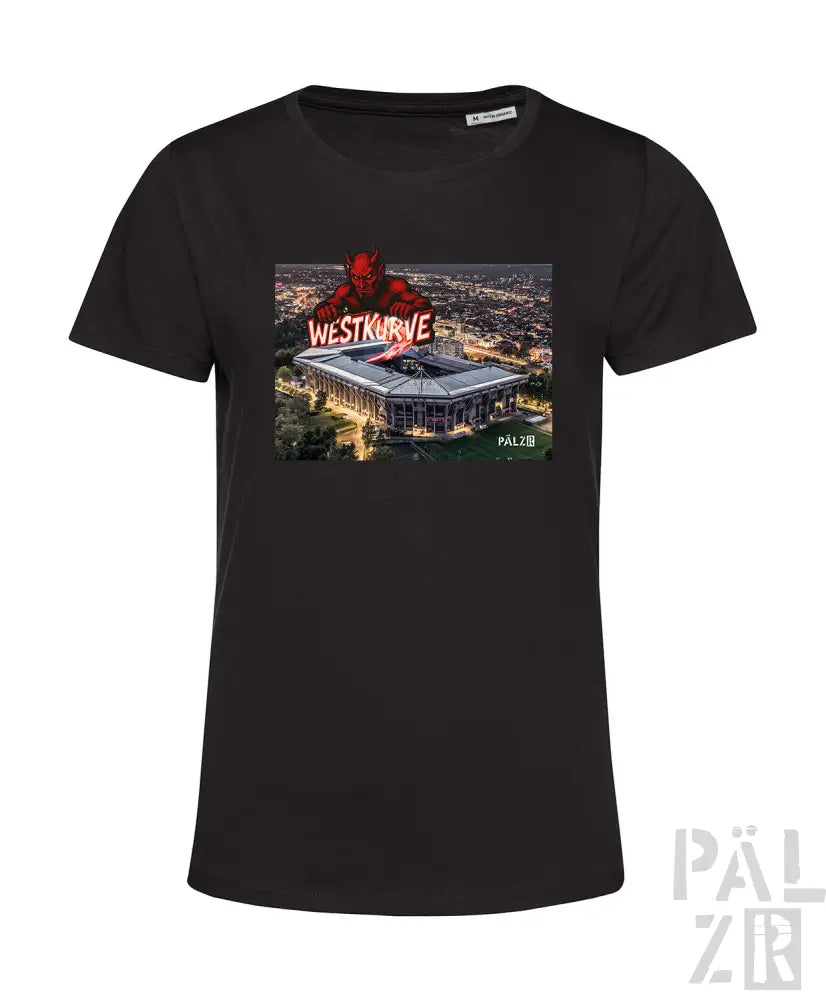 Schwarzes T-Shirt mit grafischem Design eines Stadions und rotem Text ’westkurve’