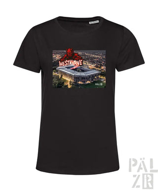 Schwarzes T-Shirt mit grafischem Design eines Stadions und rotem Text ’westkurve’