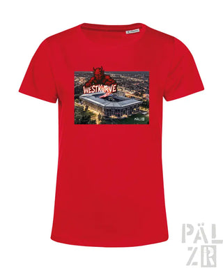 Rotes Baumwoll-T-Shirt mit Grafikdesign eines Teufels und Stadions bei Nacht, Text ’westkrüve’ in Weiß.