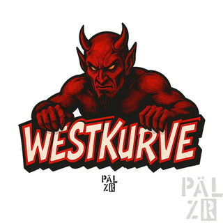 Roter Teufel-Sticker mit Hörnern und Schwanz, glänzende Oberfläche.