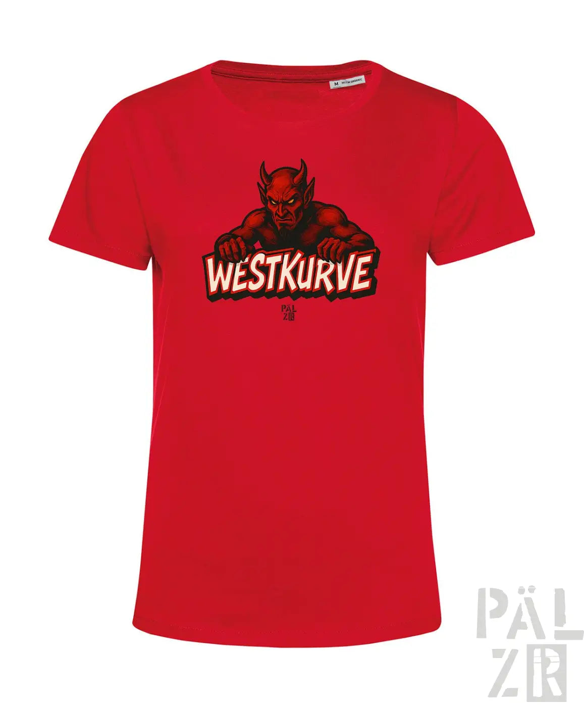 Rotes T-Shirt mit Teufel-Design und ’westkurve’-Text, Baumwollmaterial.
