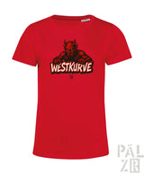 Rotes T-Shirt mit Teufel-Design und ’westkurve’-Text, Baumwollmaterial.