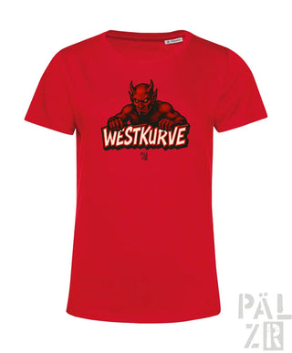 Rotes T-Shirt mit Teufel-Design und ’westkurve’-Text, Baumwollmaterial.