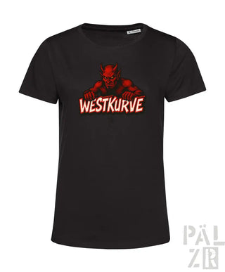 Schwarzes T-Shirt mit rotem Teufel-Design und ’westkurve’-Text.