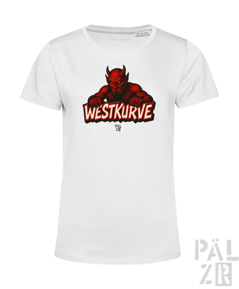 Weißes T-Shirt mit rotem Teufel-Design und Text „westkurve“