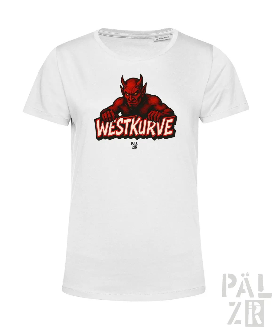 Weißes T-Shirt mit rotem Teufel-Design und Text „westkurve“