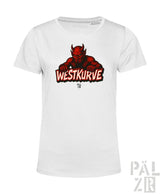 Weißes T-Shirt mit rotem Teufel-Design und Text „westkurve“