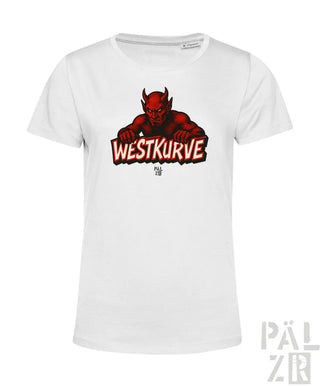 Weißes T-Shirt mit rotem Teufel-Design und Text „westkurve“