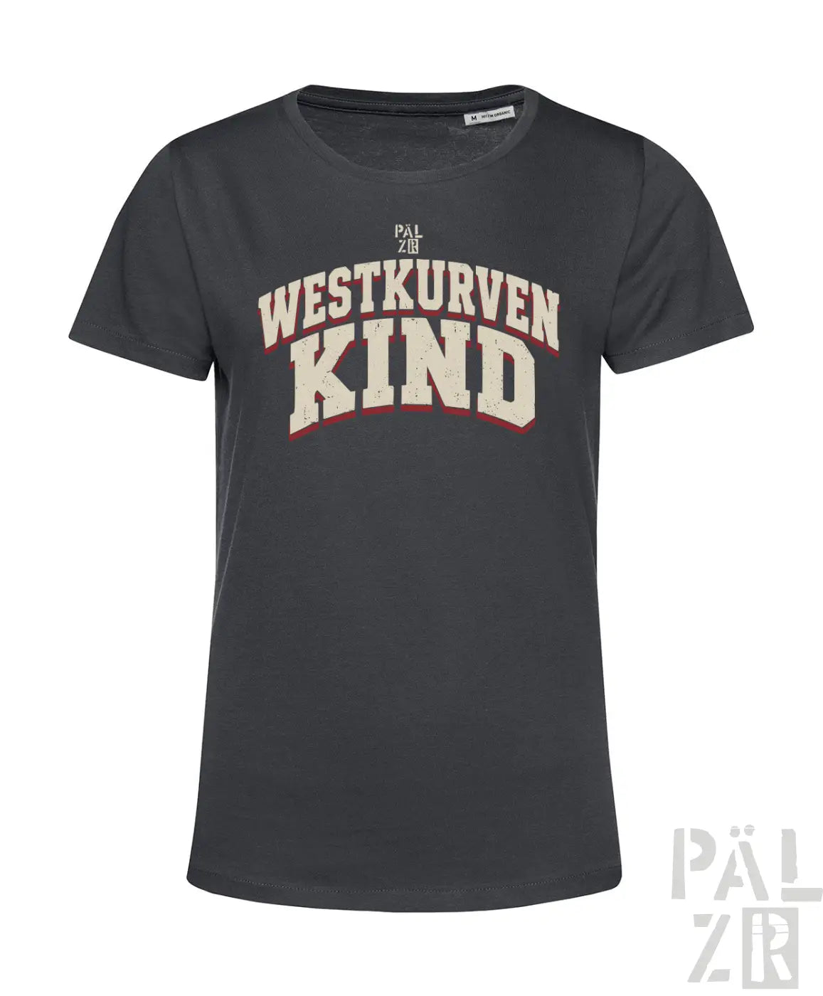 Dunkelgraues damen kurzarm t-shirt mit weiß rotem distressed westkurvenkind print in bogenform