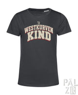 Dunkelgraues damen kurzarm t-shirt mit weiß rotem distressed westkurvenkind print in bogenform