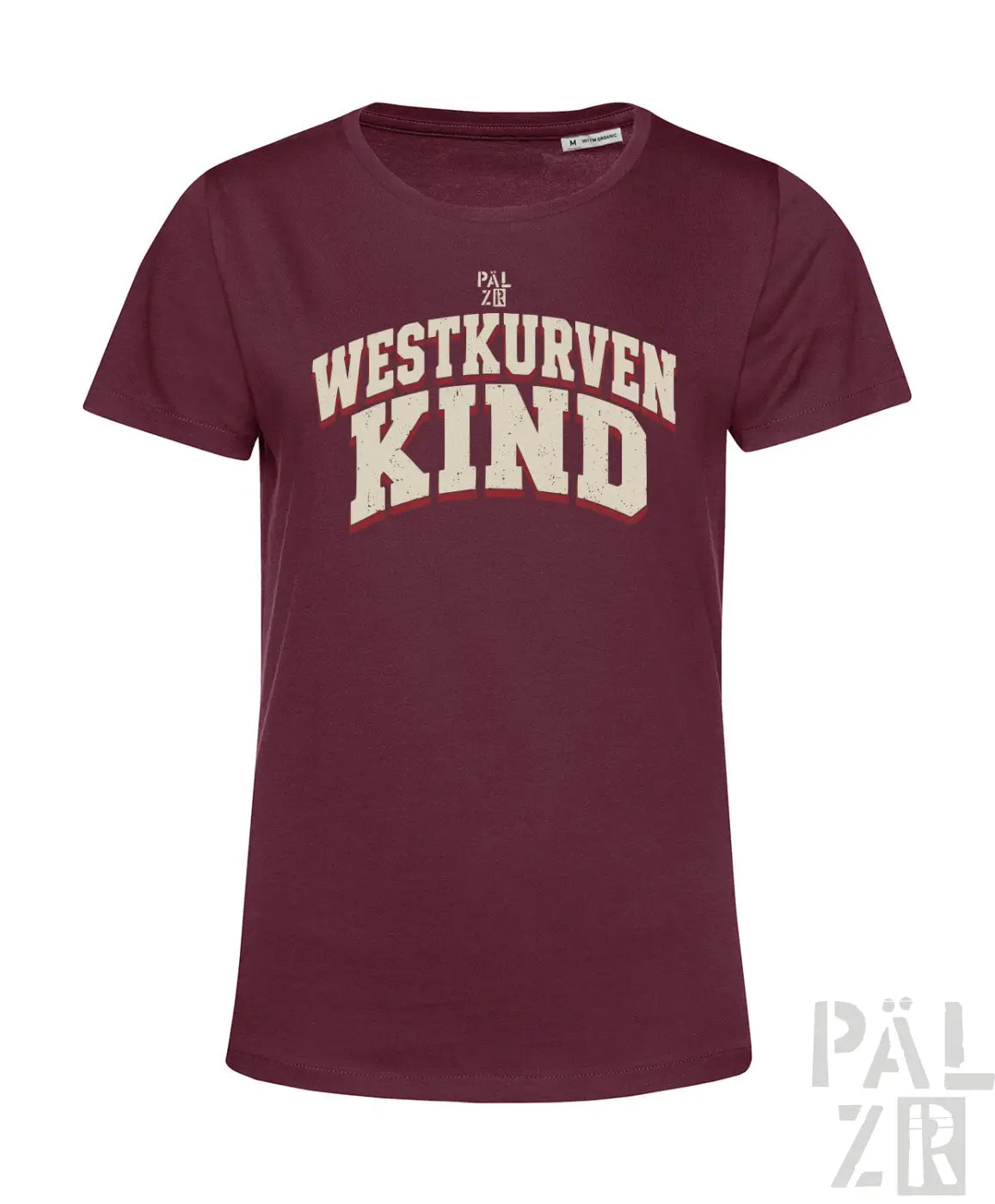 Maroon frauen t-shirt mit verblasstem creamfarbenem westkurvenkind print und kleinem brandetikett am hals