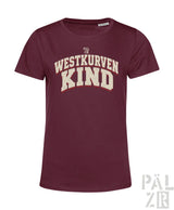Maroon frauen t-shirt mit verblasstem creamfarbenem westkurvenkind print und kleinem brandetikett am hals