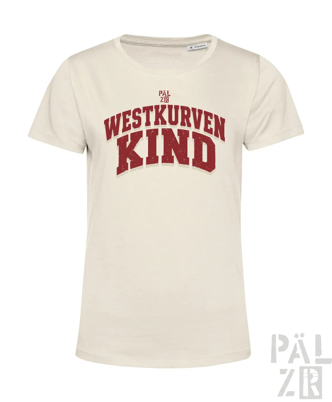 Cremefarbenes kurzarmshirt frauen mit roter westkurvenkind schrift und kleinem markenlogo verschiedene farben