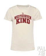 Cremefarbenes kurzarmshirt frauen mit roter westkurvenkind schrift und kleinem markenlogo verschiedene farben
