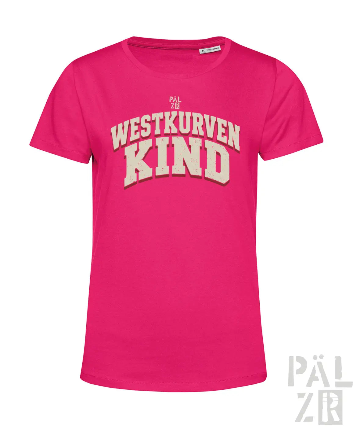 Eine pinke frauen t-shirt mit einem auffälligen cremefarbenen westkurvenkind schriftzug in collegiate schrift