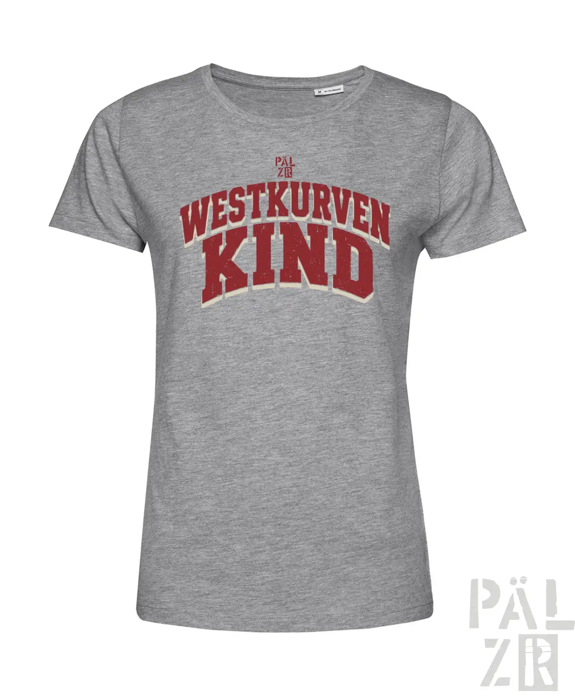 Frauen t-shirt aus grauem meliertem baumwollstoff mit roter und cremefarbener westkurvenkind schrift vorne