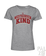 Frauen t-shirt aus grauem meliertem baumwollstoff mit roter und cremefarbener westkurvenkind schrift vorne