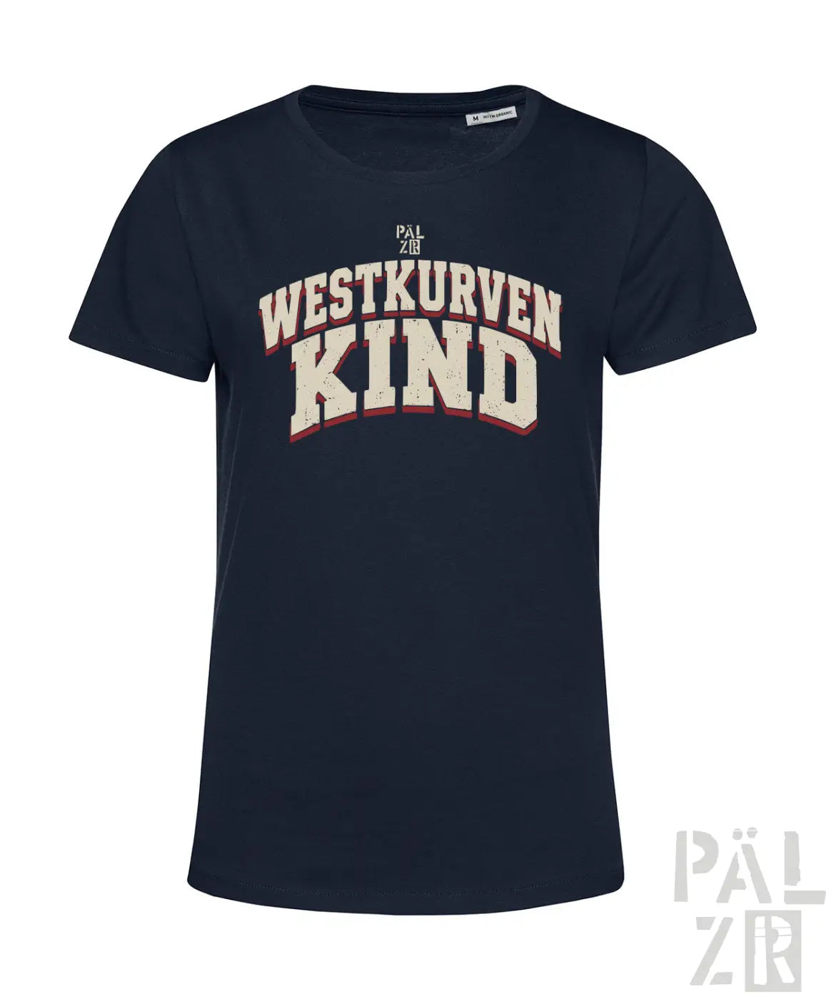 Frauen t-shirt in navyblau mit kurzärmeln und weiß-rotem distressed westkurvenkind print in bogenform