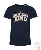 Frauen t-shirt in navyblau mit kurzärmeln und weiß-rotem distressed westkurvenkind print in bogenform