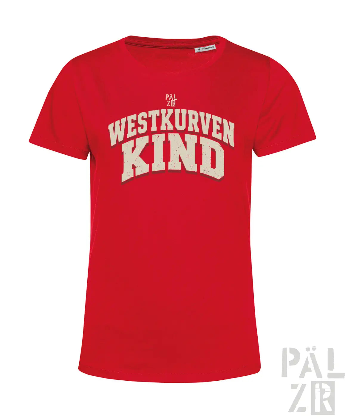 Rotes frauen t shirt westkurvenkind mit kurzärmeln und cremefarbenem bogenartig bedrucktem schriftzug