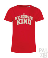 Rotes frauen t shirt westkurvenkind mit kurzärmeln und cremefarbenem bogenartig bedrucktem schriftzug
