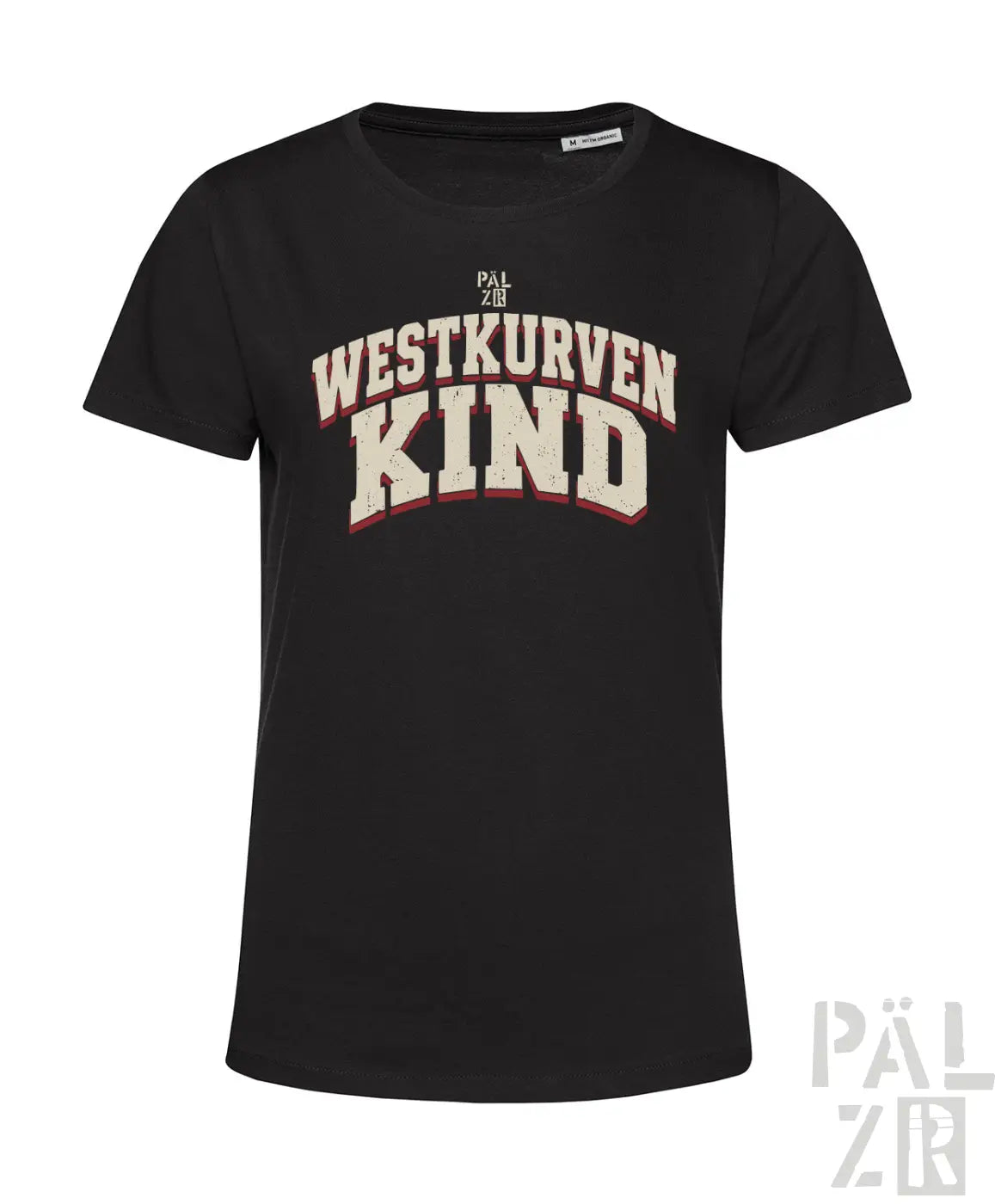 Schwarzes frauen t-shirt mit kurzärmeln und weiß rotem distressed westkurvenkind grafikprint