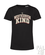 Schwarzes frauen t-shirt mit kurzärmeln und weiß rotem distressed westkurvenkind grafikprint