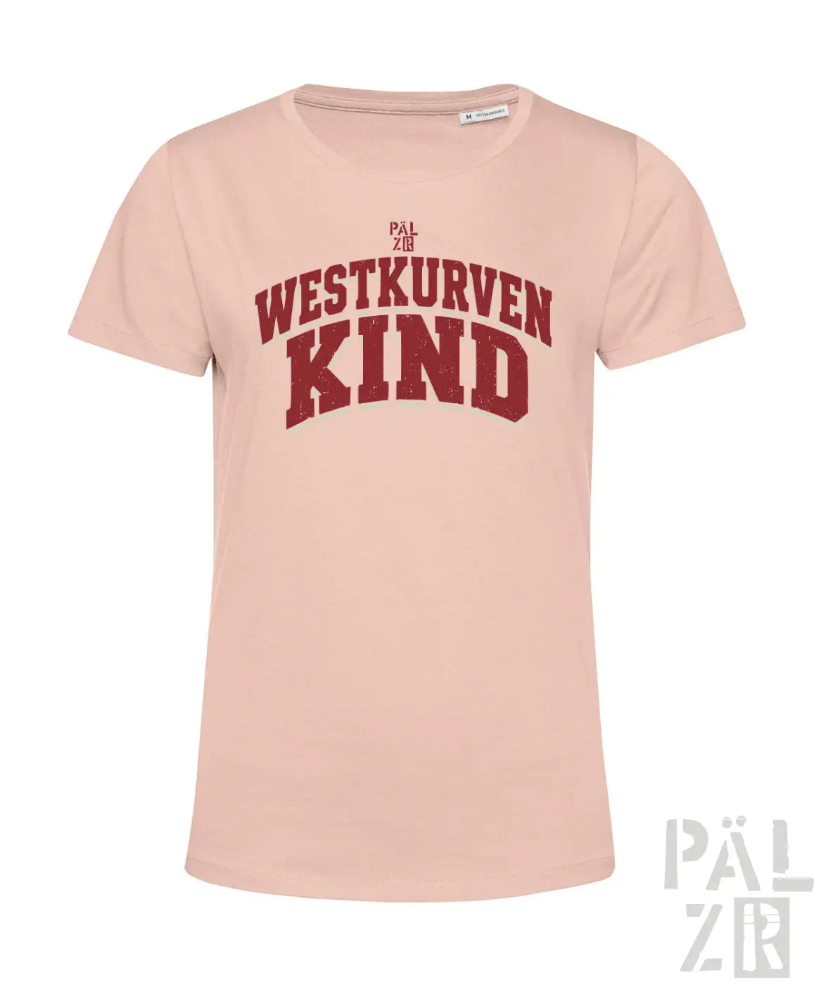 Weiches blushpink frauen t-shirt mit kurzen ärmeln und rotem distressed lettering westkurvenkind auf der brust