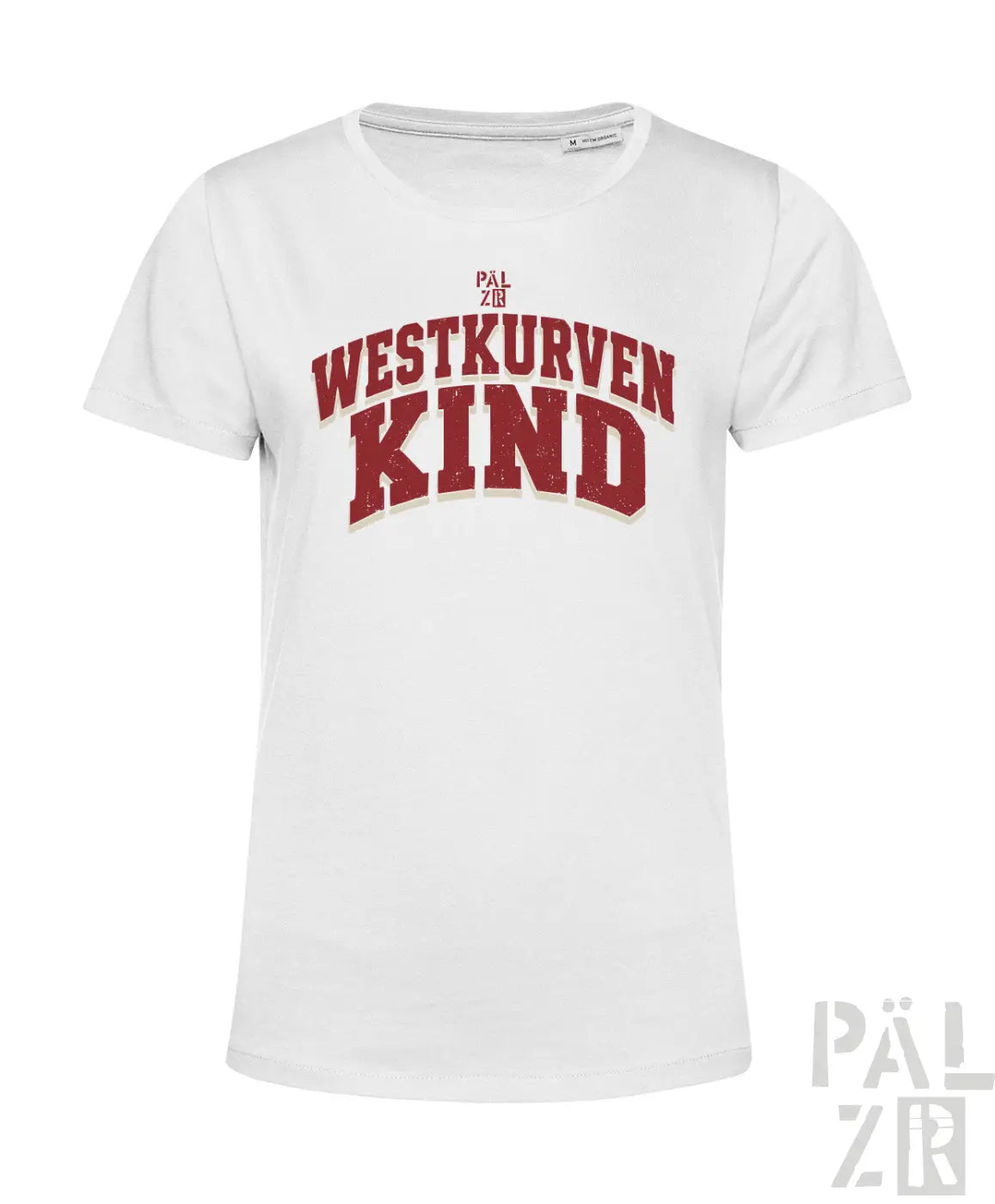 Weißes kurzarmshirt für frauen mit rotem westkurvenkind schriftzug im vintage bogen design in verschiedenen farben