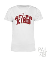 Weißes kurzarmshirt für frauen mit rotem westkurvenkind schriftzug im vintage bogen design in verschiedenen farben