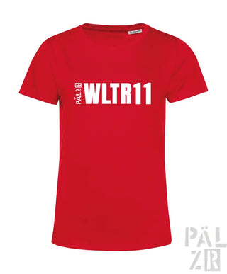 Rotes T-Shirt mit weißem Text „wltr11“ und Logo auf der Vorderseite, aus Baumwolle gefertigt.